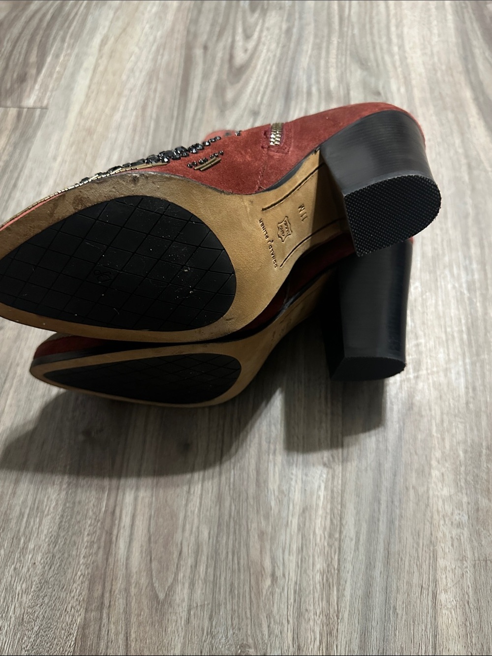 Donald J. Pliner Rust Suede Embellished Ankle Boots with Gold Toe - Picture 10 of 12